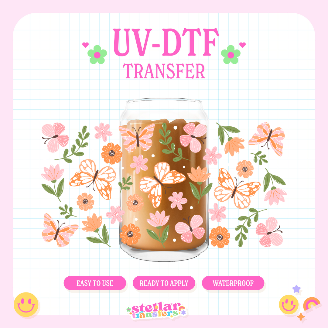 ORANGE SPRING BUTTERFLIES - 16 OZ UV DTF