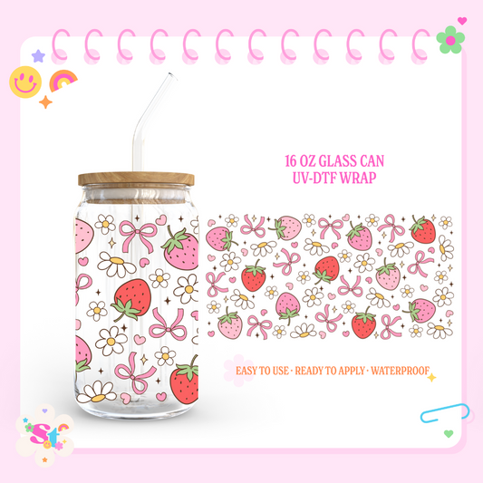DOODLE STRAWBERRY BOWS - 16 OZ UV DTF