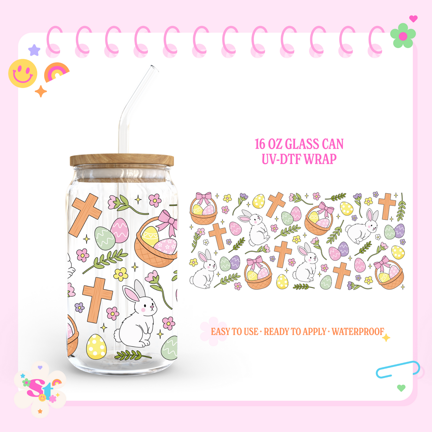 EASTER BUNNY, EGGS & CROSS - 16 OZ UV DTF