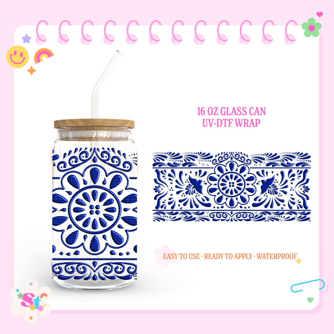 BLUE TRADITIONAL TALAVERA - 16 OZ UV DTF WRAP