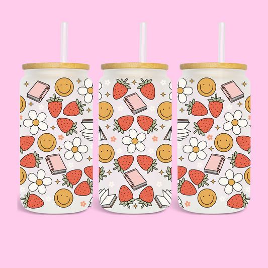 BOOKS SMILES STRAWBERRIES - 16 OZ UV DTF WRAP