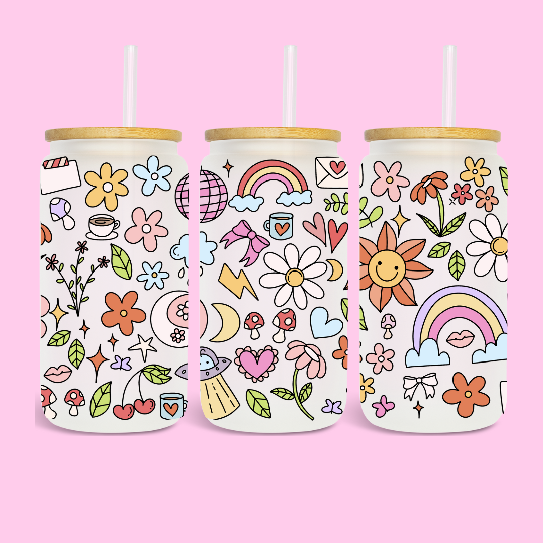 HAPPY CUTE DOODLES - 16 OZ UV DTF WRAP