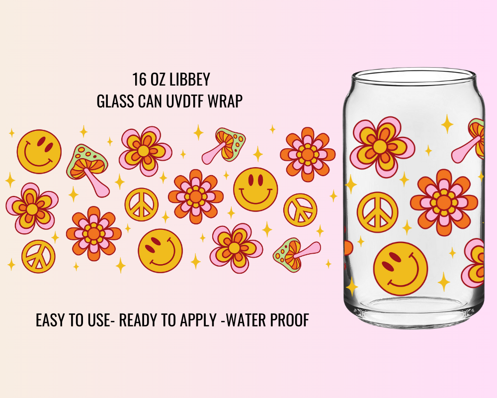 RETRO FLORAL SMILEY -16 OZ UV DTF WRAP
