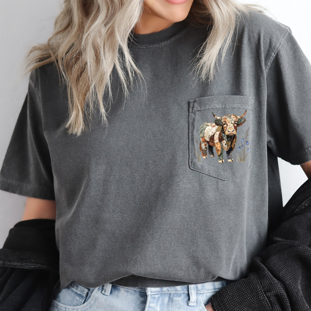 POCKET PATCHWORK HIGHLAND COW - CLEAR FILM SCREEN PRINT
