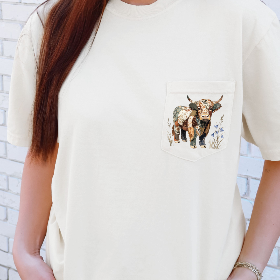 POCKET PATCHWORK HIGHLAND COW - CLEAR FILM SCREEN PRINT