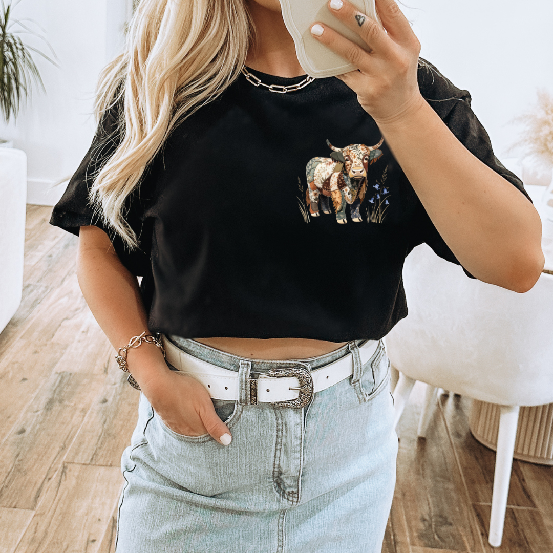 POCKET PATCHWORK HIGHLAND COW - CLEAR FILM SCREEN PRINT