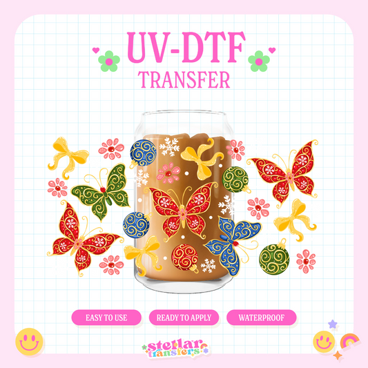 FESTIVE SPARKLE BUTTERFLIES - 16 OZ UV DTF