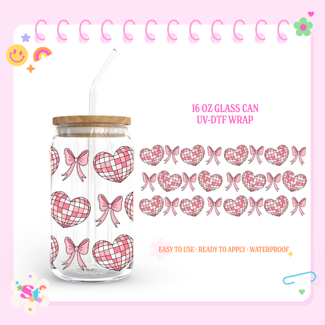 DISCO HEARTS WITH BOWS - 16 OZ UV DTF