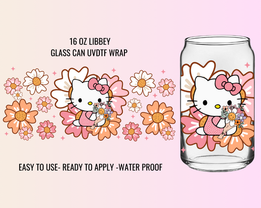 KITTY PINK FLOWERS- 16 OZ UV DTF WRAP