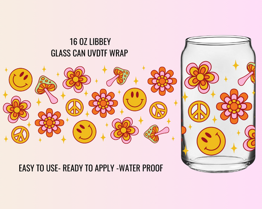 RETRO FLORAL SMILEY -16 OZ UV DTF WRAP